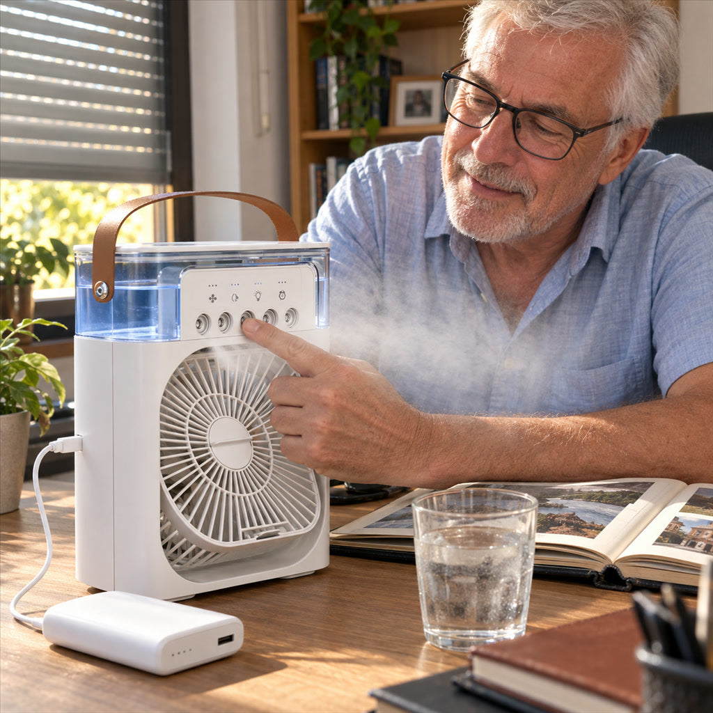 Tischventilator mit Sprühnebel und 600-ml-Tank für Schreibtisch und Arbeitsplatz – 3 Stufen, 180° drehbar, 7 LED-Farben, Timer, USB-C