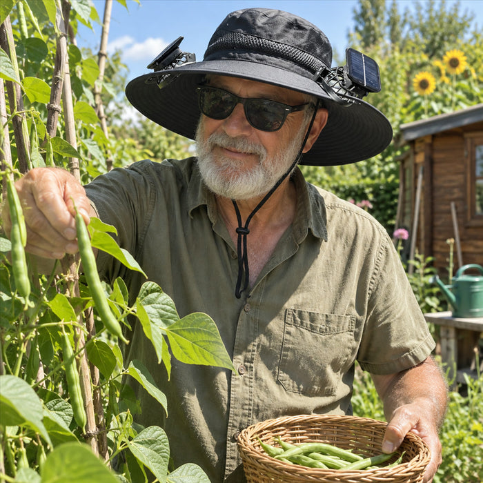 Sonnenhut für Herren mit zwei Solar-Ventilatoren an der Krempe für Gartenarbeit, Wandern und Angeln – ca. 10 cm Krempe, UPF 50+, Kinnband, 3 Farben