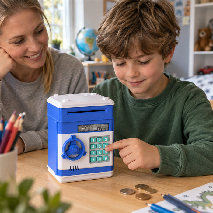 Elektronische Spardose im Geldautomaten-Design für Kinder mit PIN-Code – zieht Scheine automatisch ein, Münzschlitz, Ersatzschlüssel, Blau oder Rosa