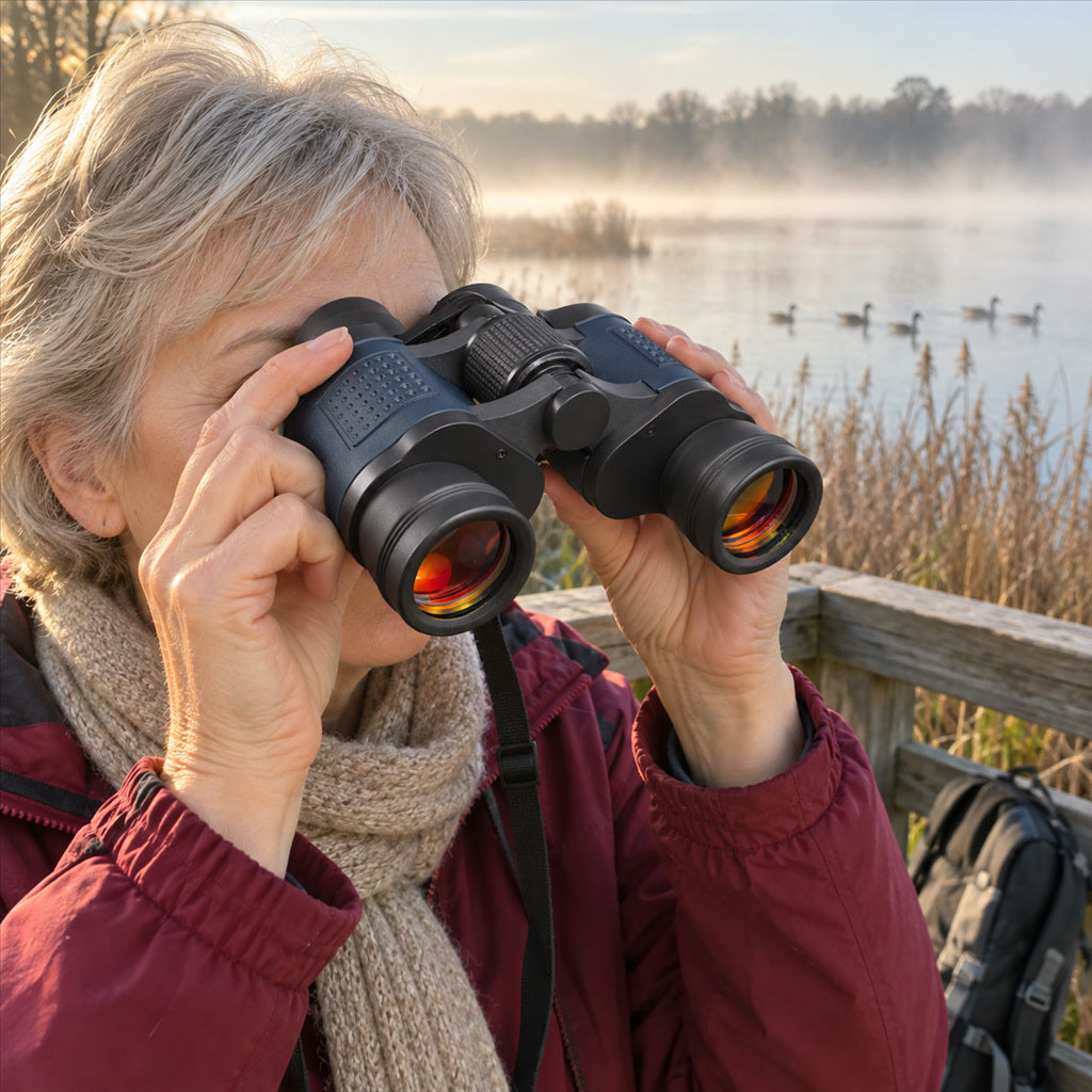 Porro-Fernglas mit rot vergüteten Linsen und Mitteltrieb für Naturbeobachtung, Vogelbeobachtung und Camping – gummierte Armierung, Dunkelblau
