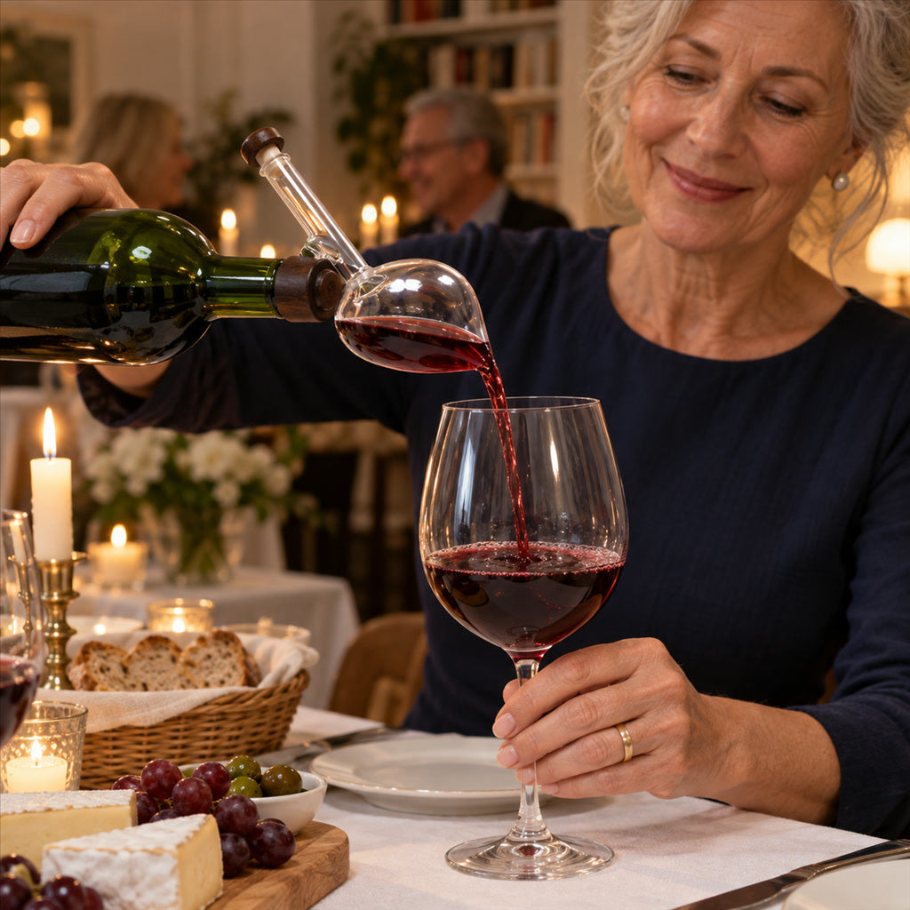 Weinbelüfter aus Glas als Ausgießer für Standard-Weinflaschen für Rotwein – belüftet beim Einschenken, tropffrei, rund oder in Pfirsichform
