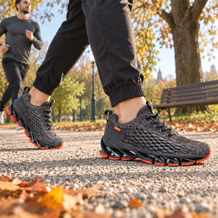 Herren-Laufschuh mit Klingen-Sohle und Strick-Obermaterial für Alltag, Gehen und Training – Schnürung, atmungsaktiv, US 5,5 bis 12, 4 Farben