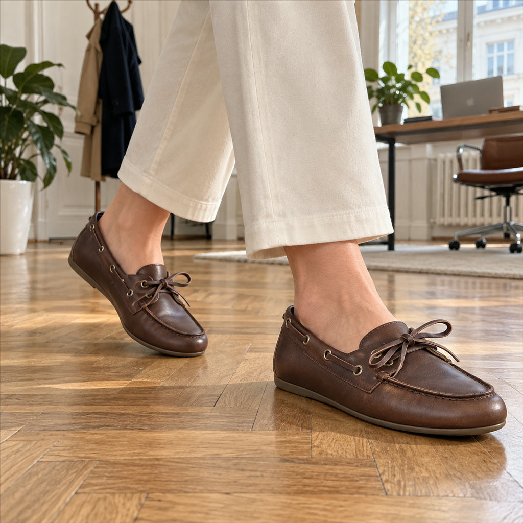 Damen-Mokassins aus echtem Rindleder mit Schnürung und Patchwork-Details für Büro und Freizeit – 1 cm Absatz, TPR-Sohle, Braun, Beige oder Weiß
