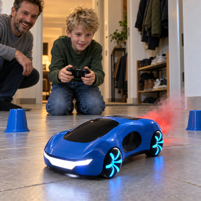 Ferngesteuertes RC-Sportauto mit Sprühnebel-Effekt und LED-Licht für Kinder, drinnen und draußen – Gamepad-Fernsteuerung, Akku, 3 Farben
