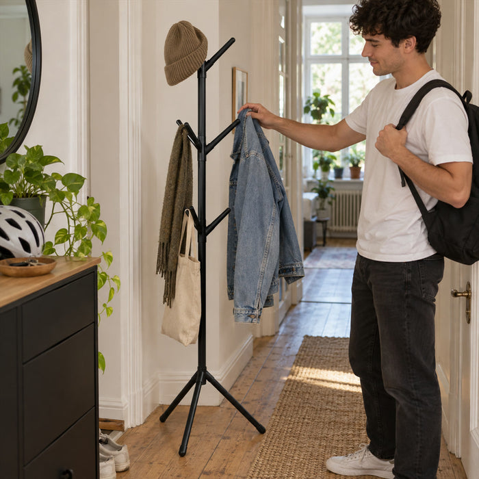 Freistehender Garderobenständer im Baum-Design mit 8 Haken für Flur, Schlafzimmer und Arbeitszimmer – Dreibeinfuß, ohne Bohren, Schwarz oder Weiß