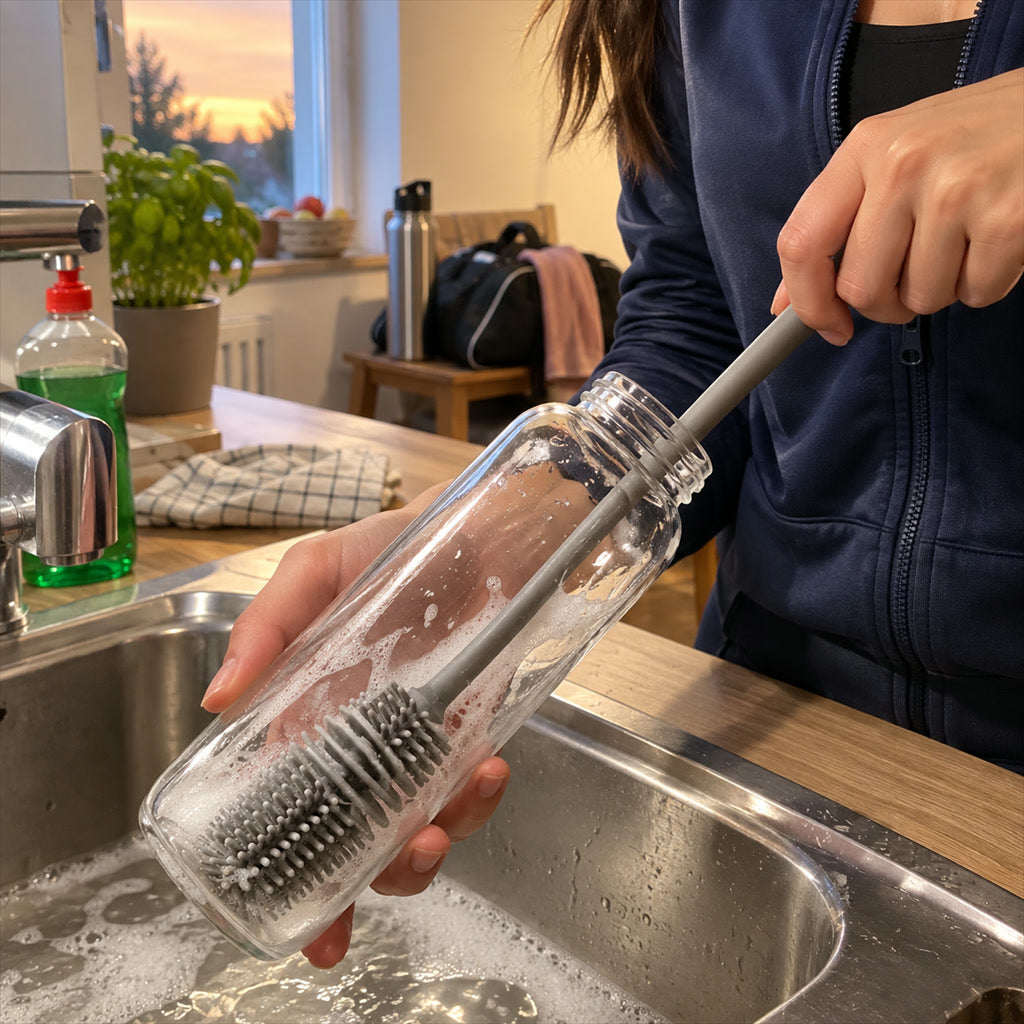 Flaschenbürste für Trinkflaschen, Thermobecher und Karaffen zum Reinigen von Innenwand und Boden – schmale Spülbürste für enge Flaschenhälse