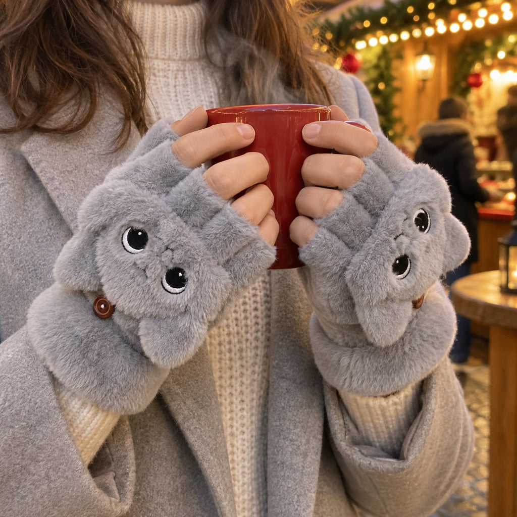 Plüsch-Klapphandschuhe mit Tiergesichtern für Winter, Smartphone und Tastatur – fingerlose Handschuhe mit umklappbarer Fäustlingskappe, 4 Farben