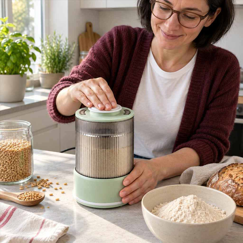 Multifunktionale Getreidemühle mit zwei Ebenen zum Mahlen von frischem Mehl für Brot und Backen – zweistöckiger Aufbau, weniger Umfüllen