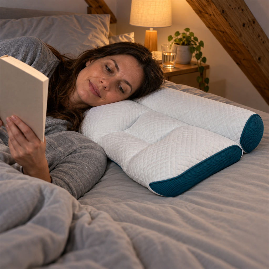 Ergonomisches Nackenstützkissen mit Memory-Schaum und Gänsedaunen für Seiten-, Rücken- und Bauchschläfer – atmungsaktiv, Blau oder Grau