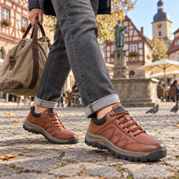Herren-Freizeitschuhe aus Leder mit Schnürung und Fußgewölbestütze für Alltag und Reisen – rutschfeste Profilsohle, EU 39 bis 48, Braun oder Schwarz