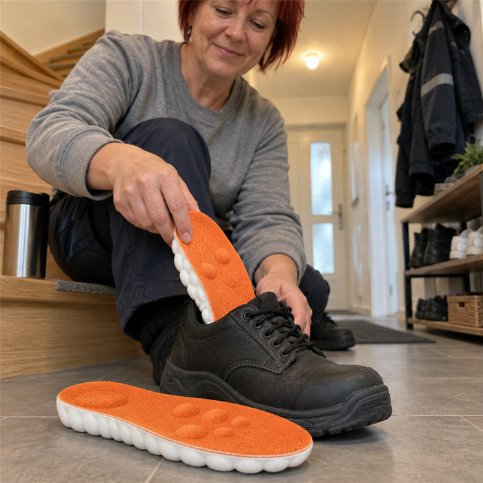 Weiche Einlegesohlen mit 4D-Dämpfung für Arbeitsschuhe, Stiefel und langes Stehen – atmungsaktiv, EU 35 bis 46, Orange, Grün, Schwarz, Grau