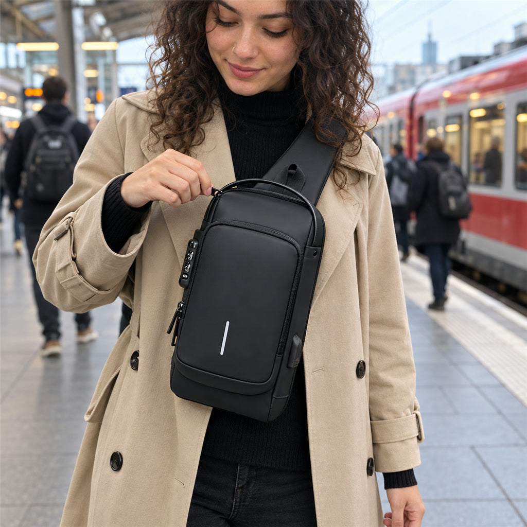 Anti-Diebstahl-Brusttasche mit Zahlenschloss und USB-Anschluss für Pendeln, Städtereisen und Radtouren – Sling-Bag mit einem Schultergurt
