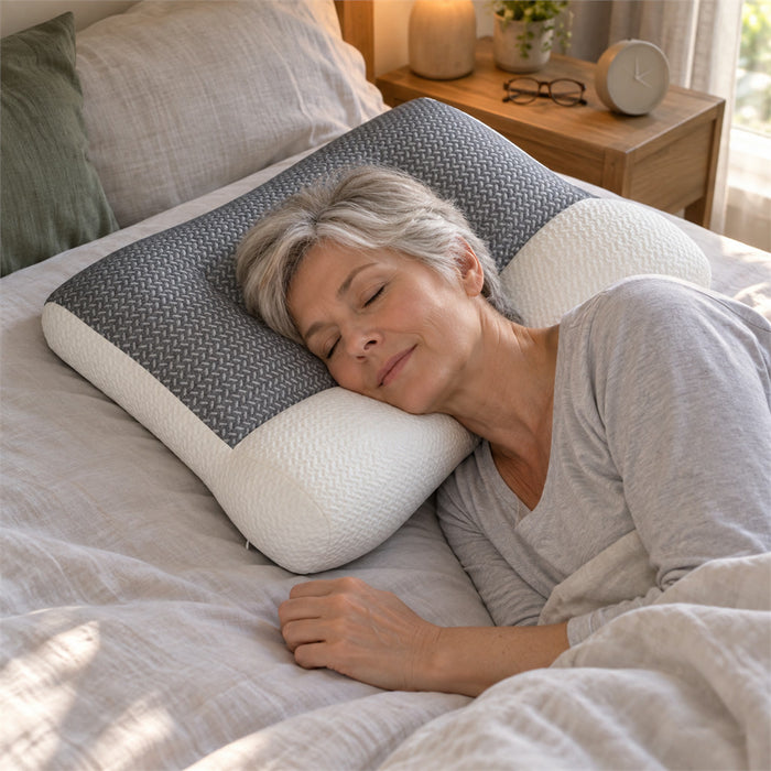 Konturkissen mit Nackenrolle und Ohrmulde für Seiten- und Rückenschläfer – ca. 48 × 74 cm, Füllung Polyester und Sojafaser, maschinenwaschbar