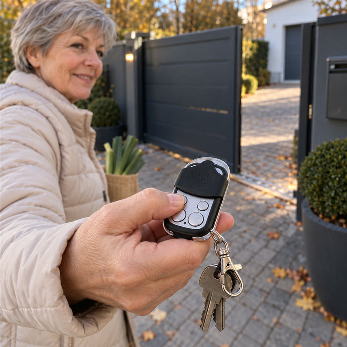 Universal-Handsender für Garagentor, Hoftor und Schranke als Ersatz- oder Zusatzsender – kompakt für Schlüsselbund und Auto, anlernbar