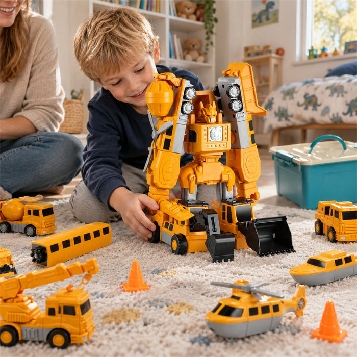 Magnetisches Baufahrzeug-Set zum Kombinieren zu einem großen Roboter – 8 Fahrzeuge, 35 Teile mit Zubehör und Aufbewahrungsbox, ohne Batterien, Gelb