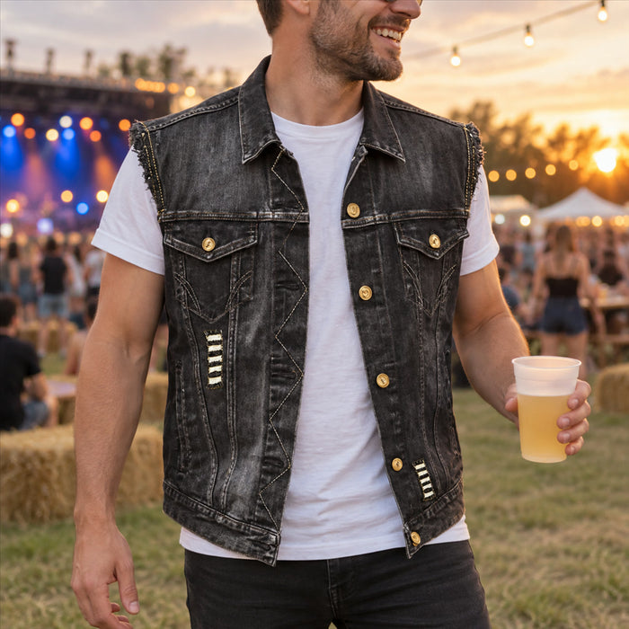 Retro-Jeansweste für Herren im Vintage-Look für Festival, Konzert und Freizeit – ärmellos, Denim, kombinierbar mit Shirt und Hoodie, S bis XL