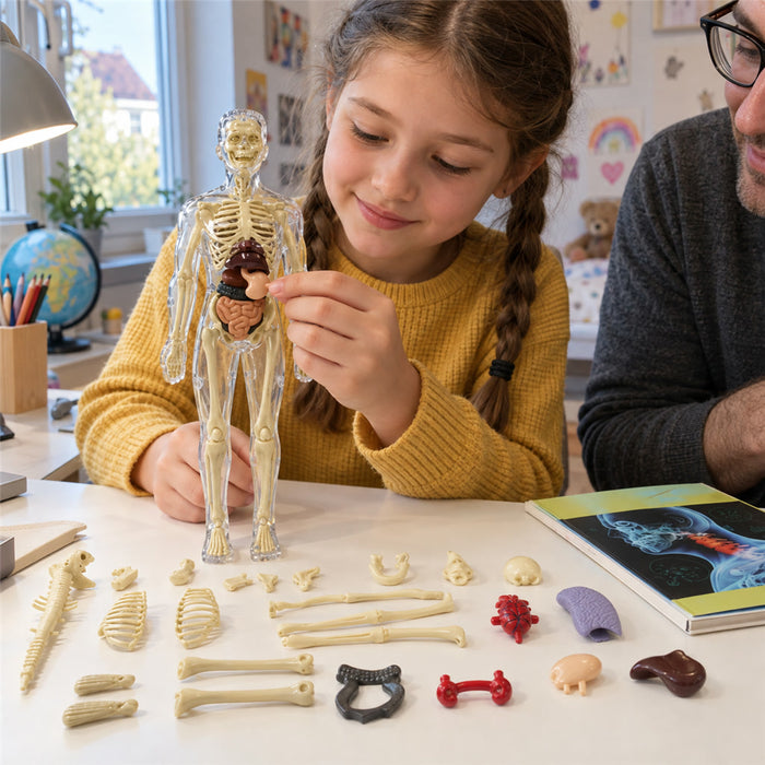 3D-Anatomiemodell des Menschen mit Skelett und herausnehmbaren Organen für Kinder – Ganzkörperfigur, transparent, mit Begleitheft, für Biologie