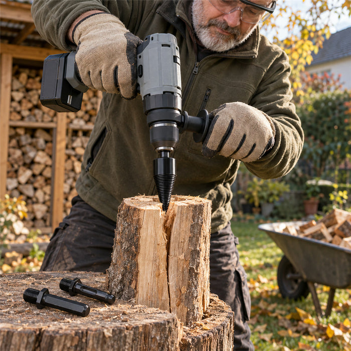 Holzspalter-Bohreraufsatz aus Kohlenstoffstahl für Brennholz, Kaminholz und Anzündholz – Spaltkegel mit 3 Wechselschäften: rund, vierkant, sechskant