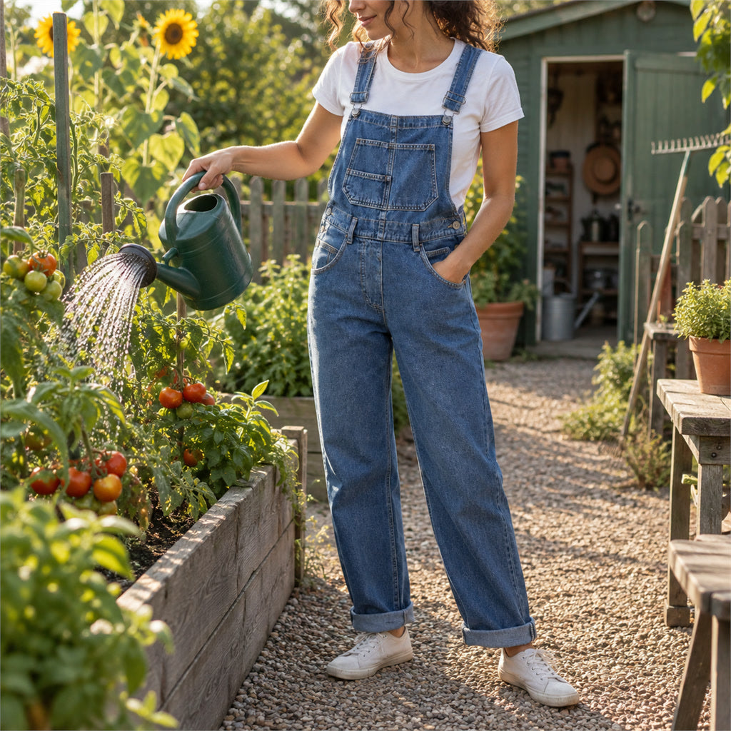 Jeans-Latzhose für Damen mit Trägern und lockerem Bein für Alltag, Arbeit und Freizeit – weicher, robuster Stoff, XS bis XL, 4 Farben