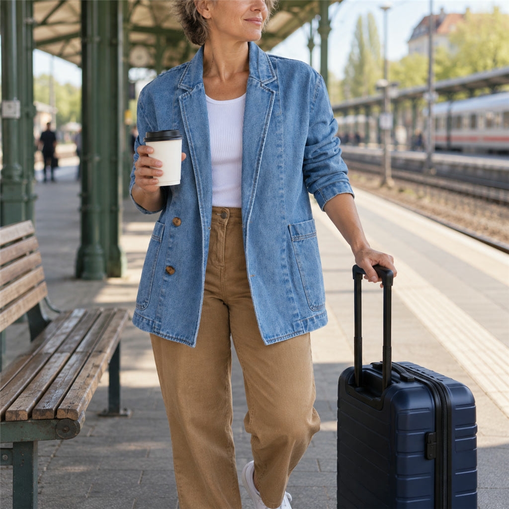 Jeans-Blazer für Damen im Oversize-Schnitt mit Reverskragen und aufgesetzten Taschen – Knopfverschluss, hellblauer Denim, Übergangsjacke, XS bis XL