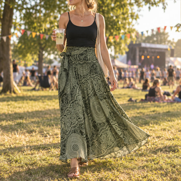 Maxirock im Boho-Stil mit Print für Sommer, Park und Festival – leichter, fließender Stoff, zu jedem Top kombinierbar, XS bis XL, 5 Farben