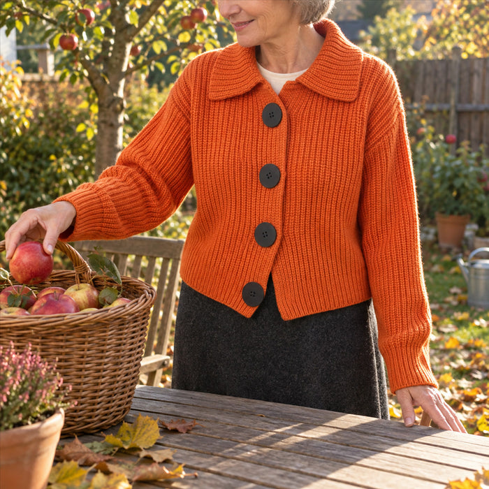 Kurzer Grobstrick-Cardigan für Damen mit großem Umlegekragen und großen Knöpfen für Büro, Alltag und Übergangszeit – Orange, XS bis XL
