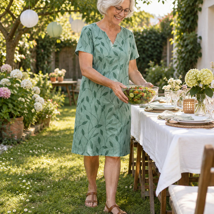 Lockeres Kurzarm-Kleid für Damen mit Blätter-Print für Alltag, Gartenfeste und Sommer – V-Ausschnitt, knielang, S bis 2XL, Grün, Blau oder Lila