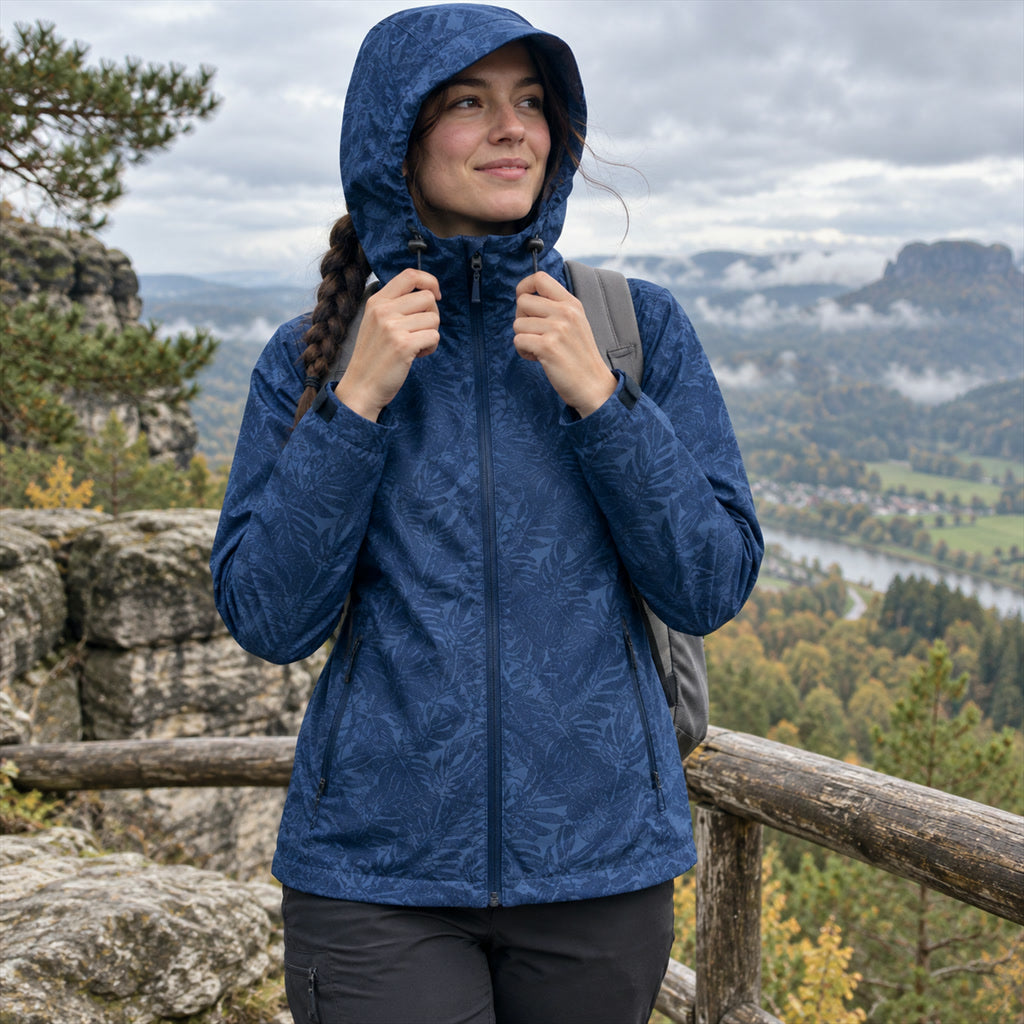 Damenjacke mit abnehmbarer Kapuze und Blätter-Muster für Alltag und Ausflüge – Polyester, atmungsaktiv, Reißverschluss, Taschen, XS bis XL, 5 Farben