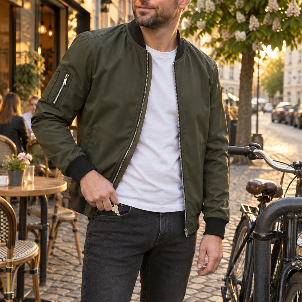 Leichte Bomberjacke für Herren aus Polyester für Frühling, Sommer und Freizeit – Strickbündchen, Reißverschluss, Ärmeltasche, M bis 3XL, 5 Farben