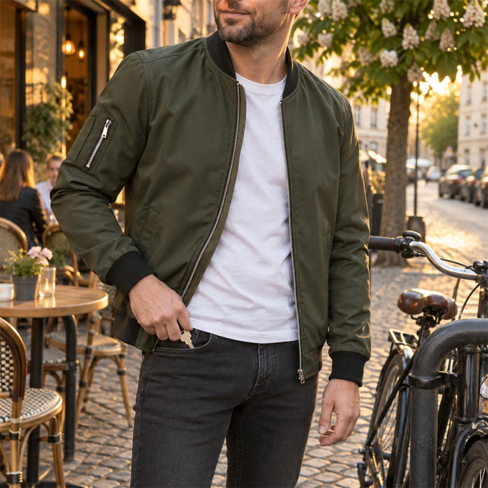 Leichte Bomberjacke für Herren aus Polyester für Frühling, Sommer und Freizeit – Strickbündchen, Reißverschluss, Ärmeltasche, M bis 3XL, 5 Farben