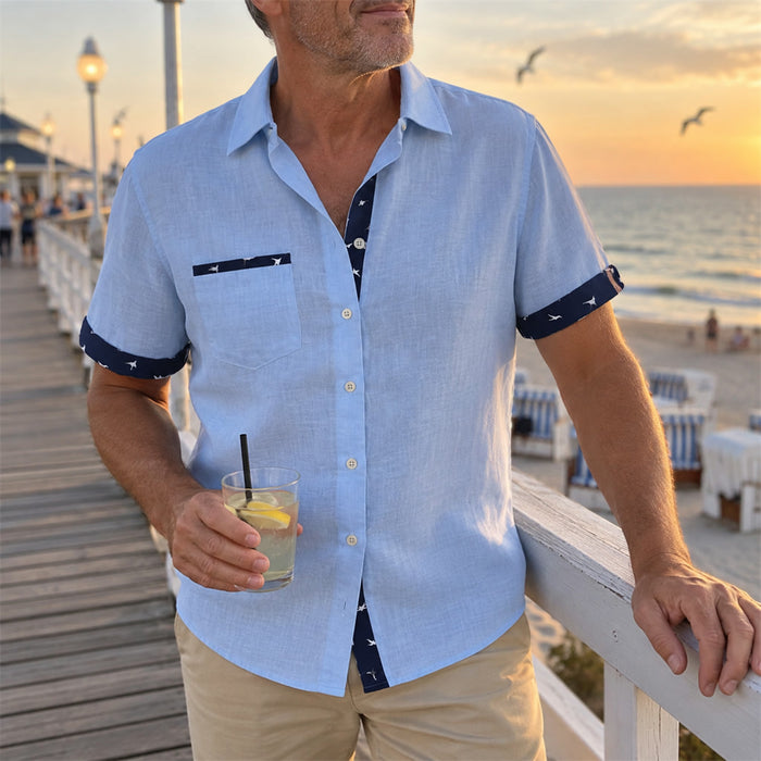 Kurzarm-Herrenhemd in Leinenoptik mit Kontrastbesatz für Sommer, Urlaub und Freizeit – Polyester, Slim Fit, Brusttasche, M bis 3XL, 5 Farben