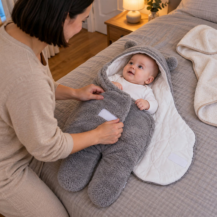 Baby-Pucksack mit Bärenohren-Kapuze für Kuschelzeit und Nacht – flauschige Einschlagdecke mit Klettverschluss, 60 × 40 bis 78 × 45 cm, 6 Farben