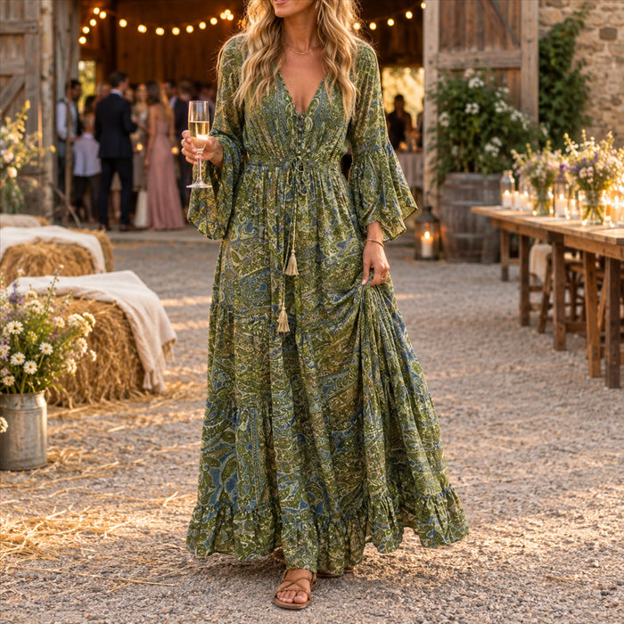 Langes Boho-Kleid für Damen mit Paisley-Print für Alltag, Date und Hochzeitsgäste – V-Ausschnitt, Trompetenärmel, Bindeband, S bis 3XL, 6 Farben