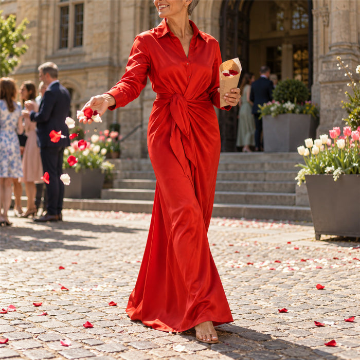 Langes Hemdblusenkleid für Damen mit Knotendetail für Frühling, Alltag und Anlässe – Hemdkragen, Knopfleiste, lange Ärmel, S bis 2XL, Rot oder Blau