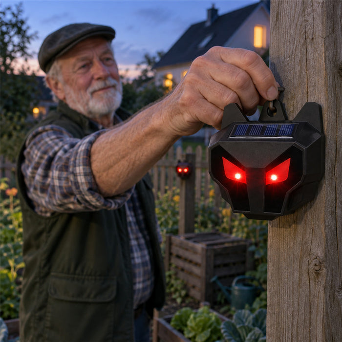 Solar-Tiervertreiber im 2er-Set mit rot blinkenden LED-Augen gegen nachtaktive Tiere für Garten, Beet und Zaun – kabellos, wasserdicht, zum Aufhängen