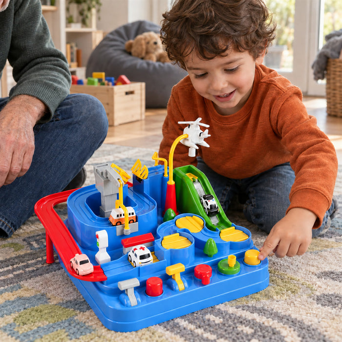Mechanische Auto-Abenteuerbahn mit 9 Spielstationen für Kinderzimmer und Spielecke – Parcours mit Kran, Förderband und Fahrzeugen, ohne Strom