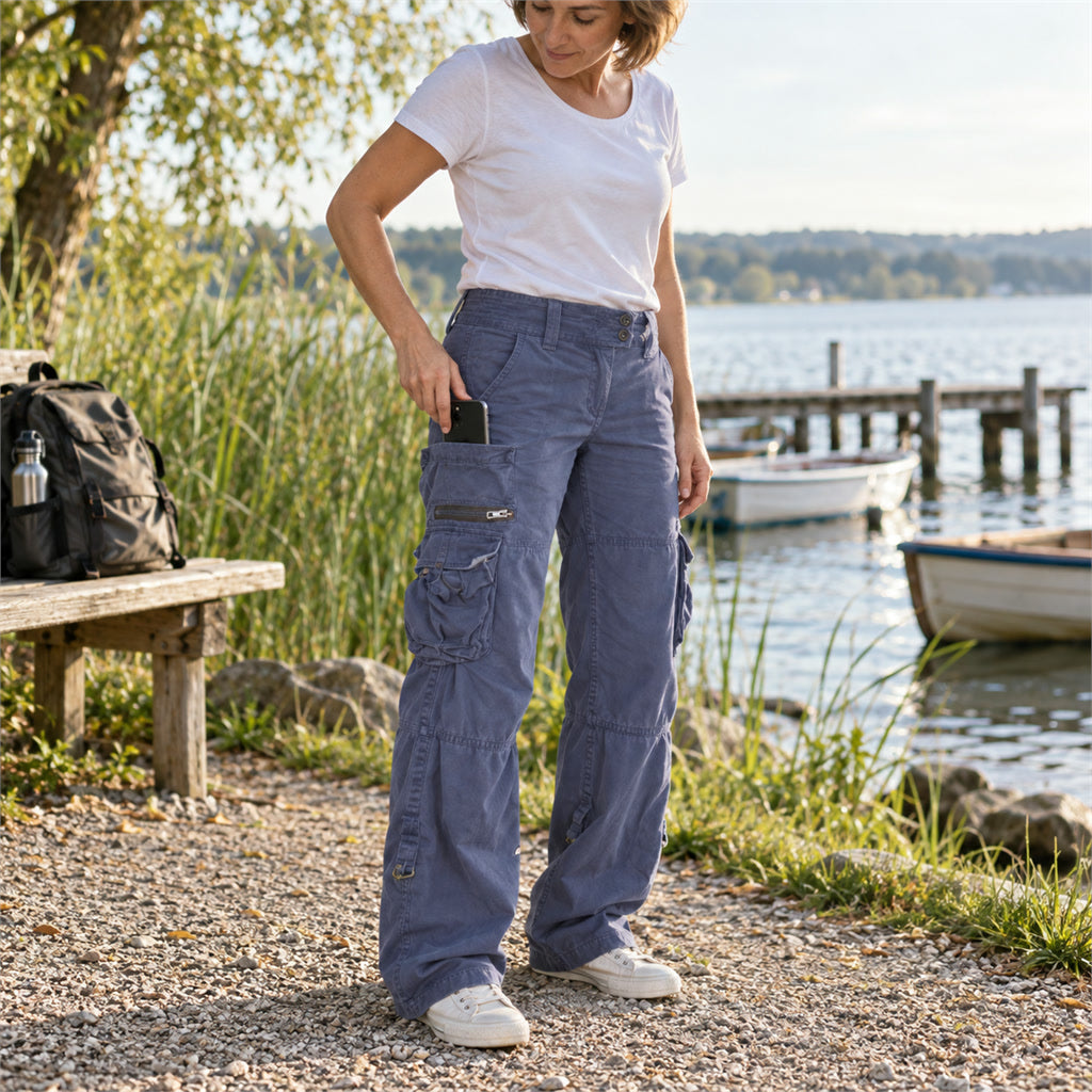 Cargohose für Damen mit geräumigen Taschen für Alltag, Freizeit und Ausflüge – bequeme Passform, Länge ca. 104–110 cm, S bis 4XL, 4 Farben