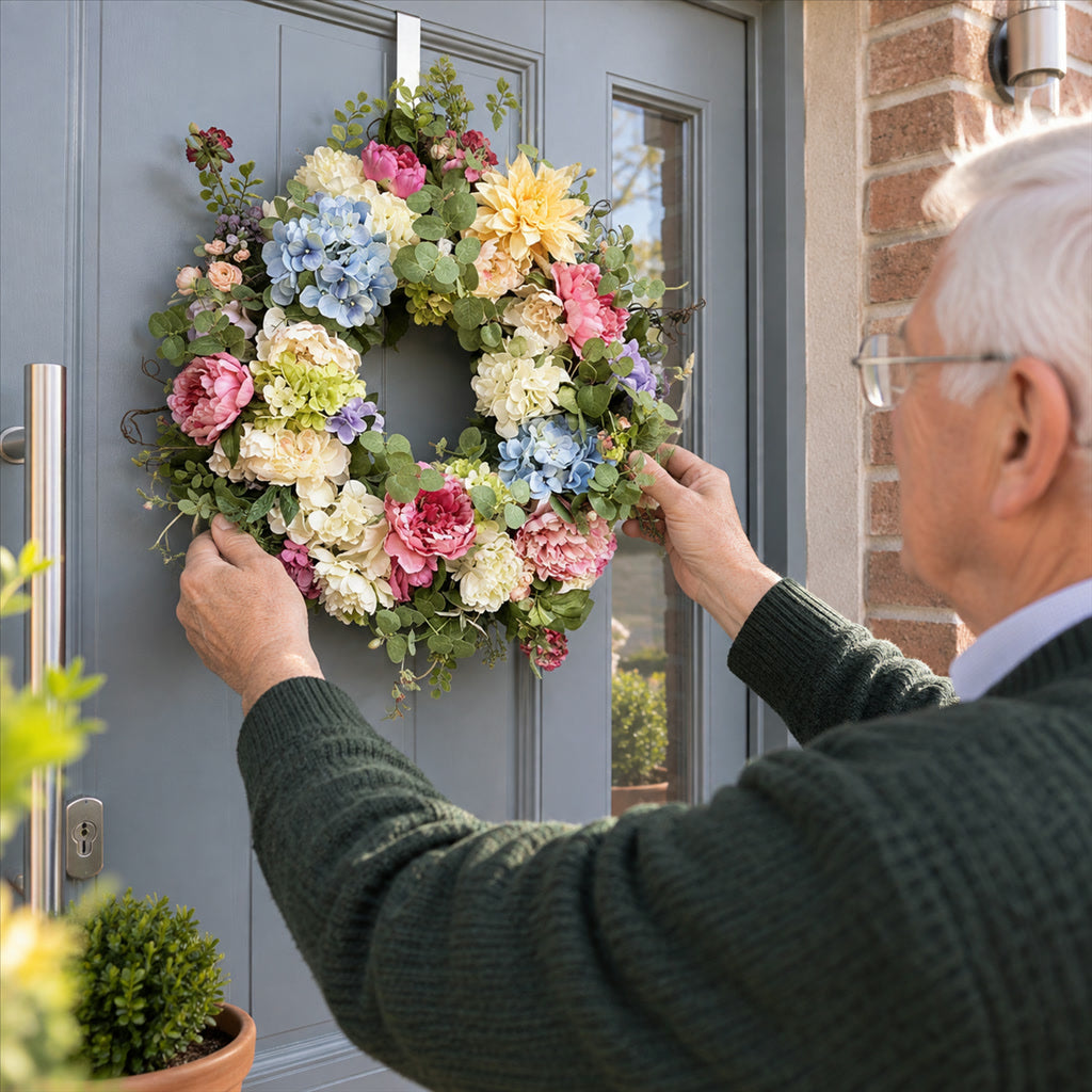 Künstlicher Blumenkranz mit Hortensien, Pfingstrosen und Rosen in bunten Pastelltönen für Haustür, Wand und Kamin – 35 cm, wetterbeständig