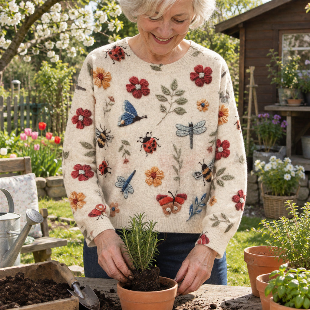 Strickpullover für Damen mit Blumen- und Insektenmotiven für Frühjahr, Herbst und Zuhause – Bienen, Marienkäfer, Libellen, Rundhals, XS bis XL