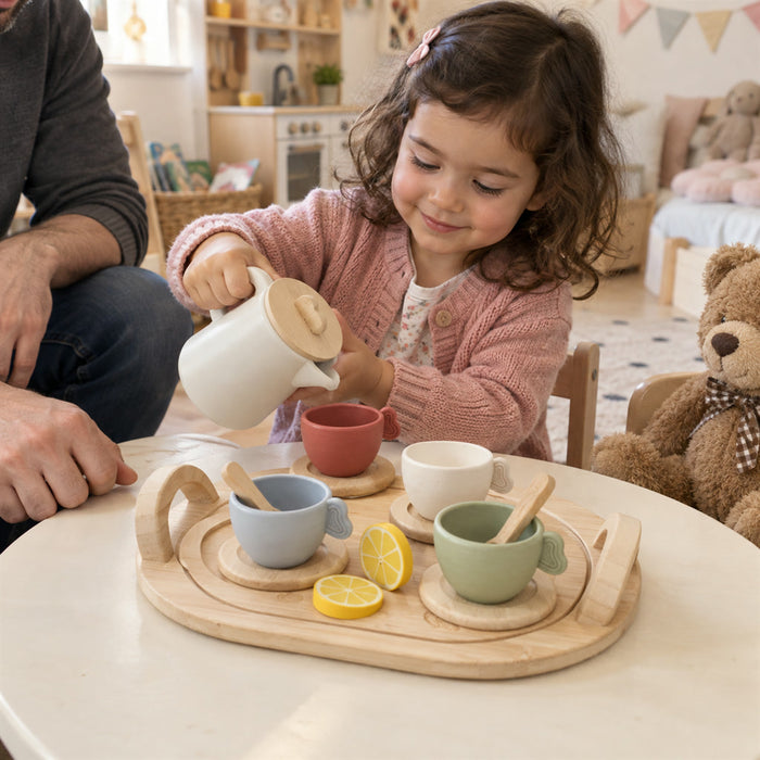 Kinder-Teeservice mit Tablett für Teepartys und Rollenspiele im Kinderzimmer – Spielgeschirr mit Tassen und Kanne