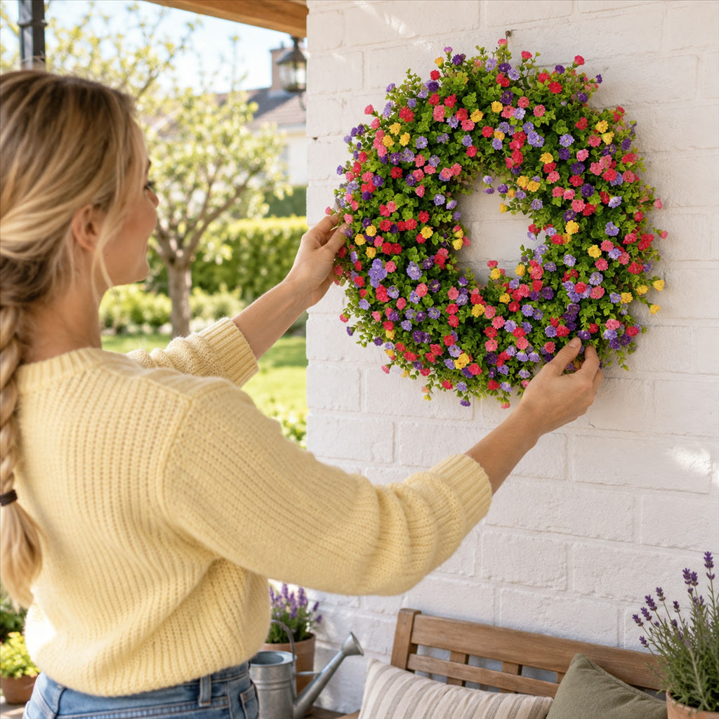 Frühlingskranz mit bunten künstlichen Wildblumen und Eukalyptus für Haustür, Wand und Fenster – 40 cm, pflegeleicht, für Frühling und Sommer