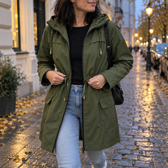 Leichte Damen-Übergangsjacke mit Kapuze und Reißverschluss für Büro, Spaziergang und Übergangszeit – Tunnelzug in der Taille, XS bis XL, 6 Farben
