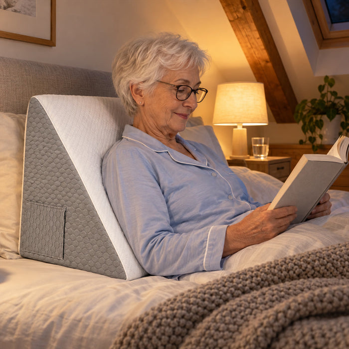 Keilkissen aus Memory-Schaum in Dreiecksform für Schlafen und Lesen im Bett – abnehmbarer, waschbarer Bezug, rutschfeste Unterseite, 2 Taschen