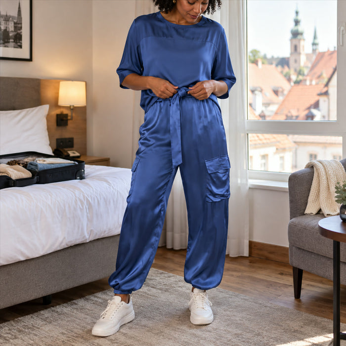 Zweiteiliges Damen-Set in Satinoptik aus Oberteil und Cargohose mit Bindegürtel für Freizeit und Reisen – halblange Ärmel, S bis 2XL, 5 Farben