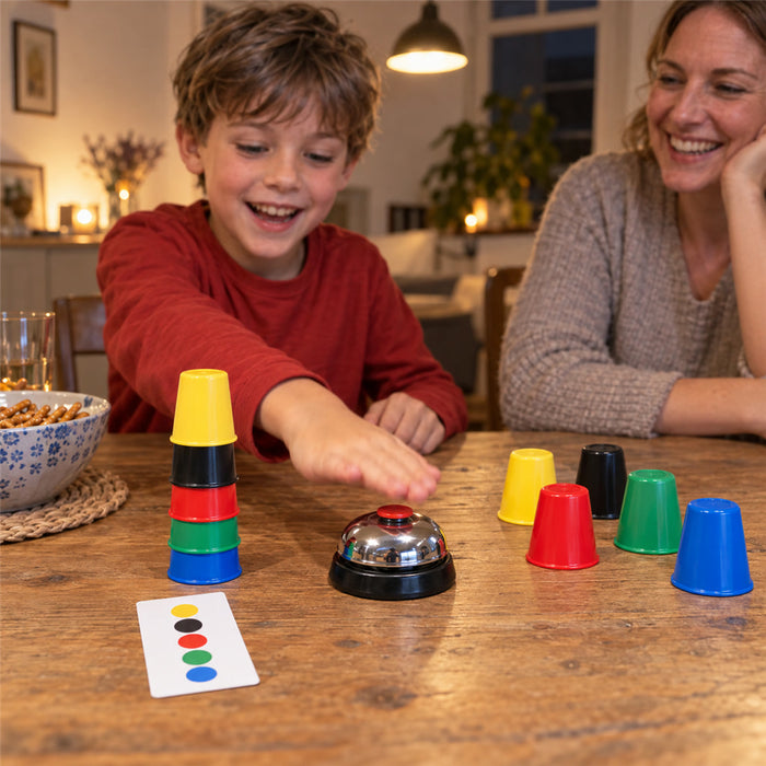 Reaktionsspiel mit bunten Stapelbechern, Bildkarten und Klingel für Familienabend, Partys und Kinder ab 4 Jahren – 30 Becher, 5 Farben, bis 6 Spieler