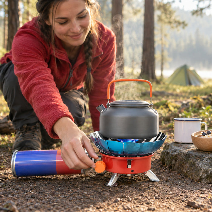 Windgeschützter Campingkocher mit 2800 W für Camping, Wandern und Picknick – faltbar, kompakt, für Gaskartusche, mit Aufbewahrungstasche