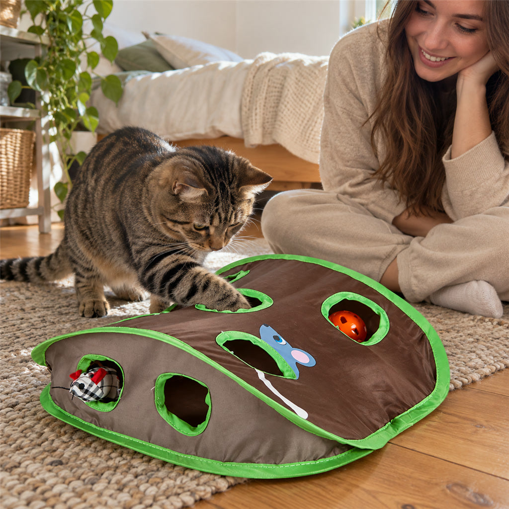 Katzenspielzeug-Tunnel mit 9 Löchern, Maus und Ball zum Pföteln und Jagen – 30,5 × 30,5 × 11,4 cm, faltbar, waschbarer Canvas, für mehrere Katzen