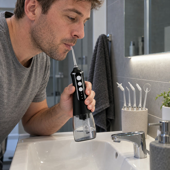 Munddusche mit Wasserstrahl und 3 Druckstufen zur täglichen Mundpflege als Ergänzung zum Zähneputzen – 5 Aufsatztypen, Wassertank, für Familie und Bad