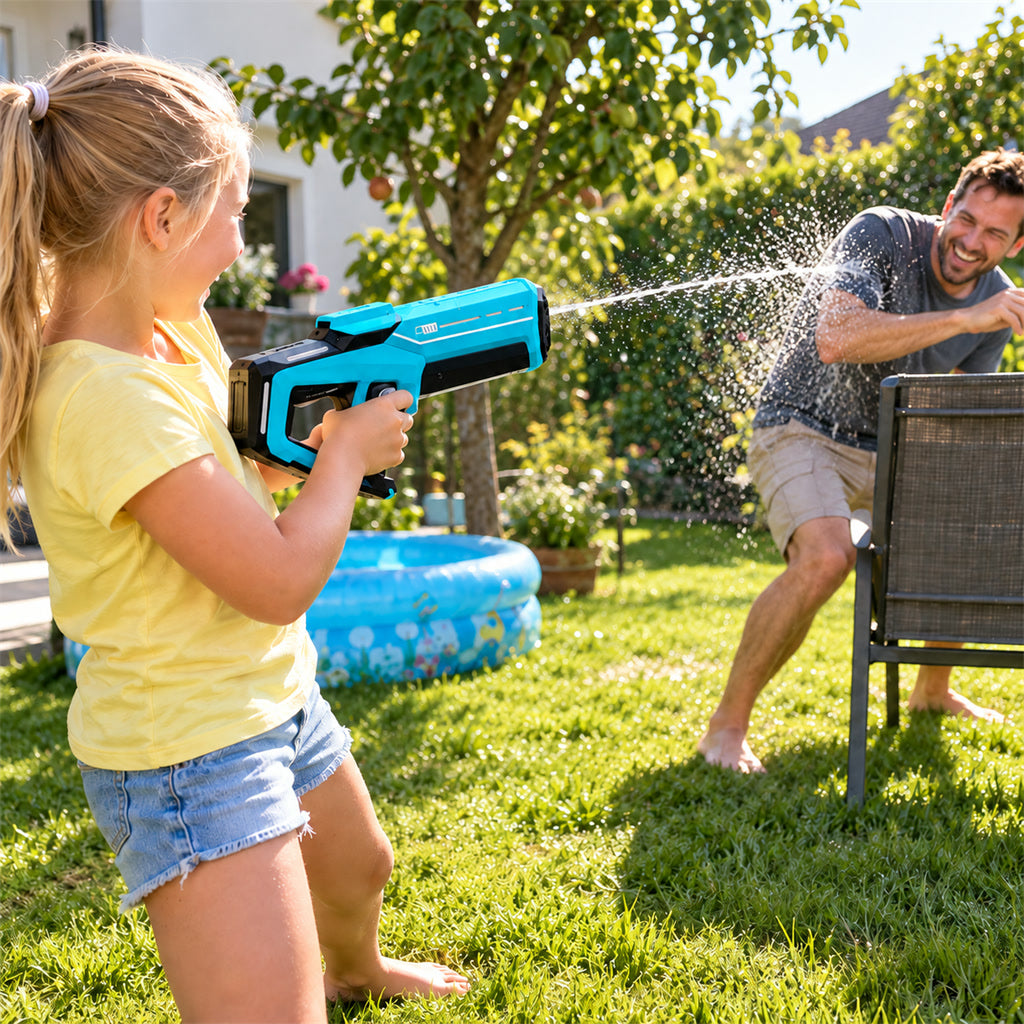 Elektrische Wasserpistole mit Akku und automatischer Befüllung für Garten, Strand und Picknick – 8–10 m Reichweite, 300-ml-Tank, Weiß oder Blau