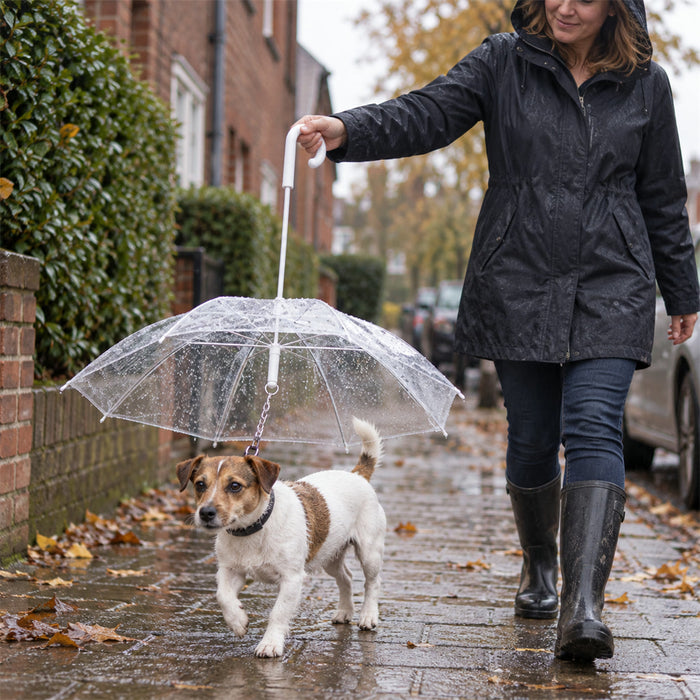 Hunde-Regenschirm mit integrierter Leine für kleine Hunde für Spaziergänge bei Regen und Schnee – transparentes Dach, C-Griff, verstellbar